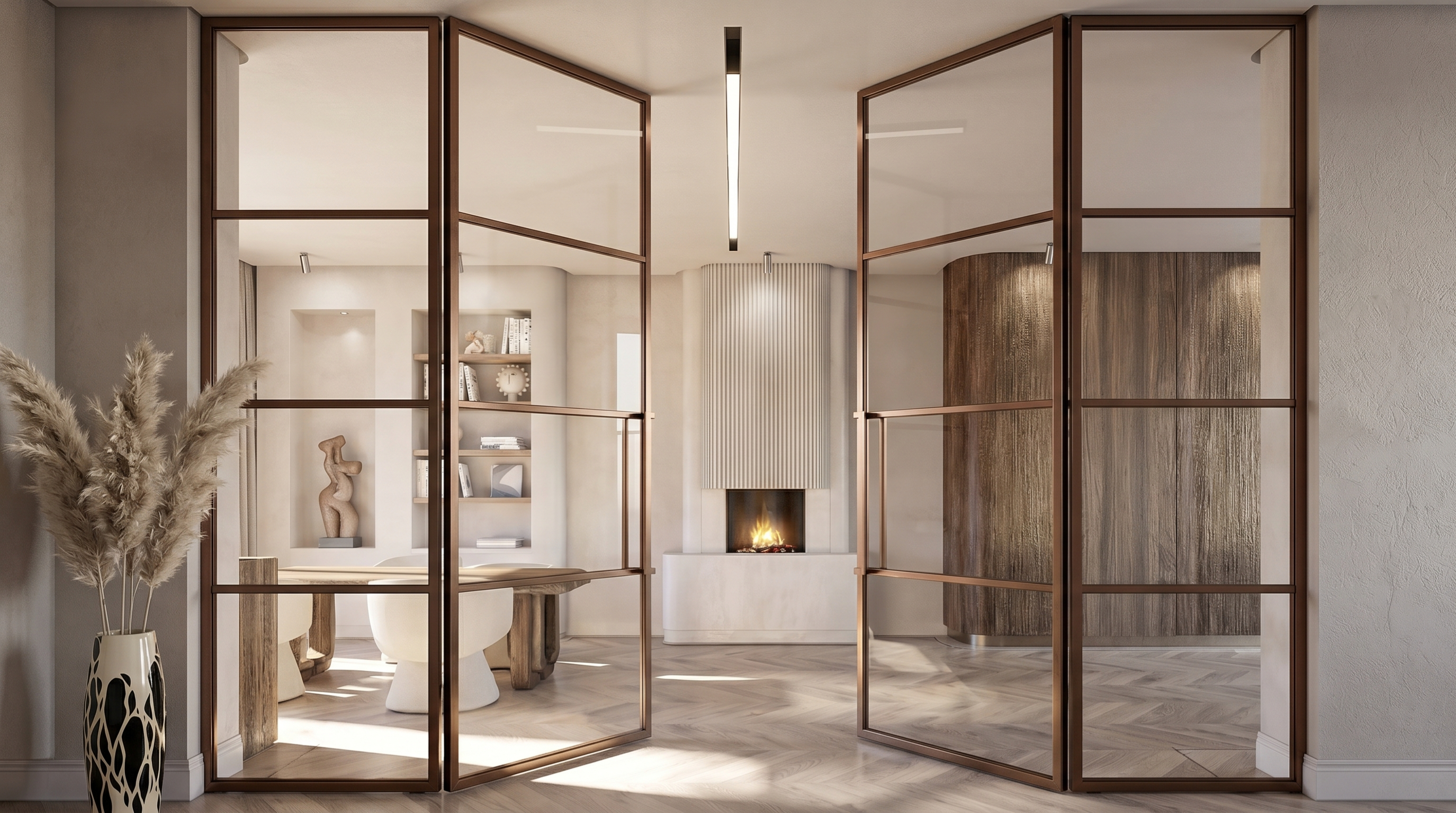 Artell bespoke steel internal door with antique brass electroplated finish and reeded glass panels in a luxury British interior