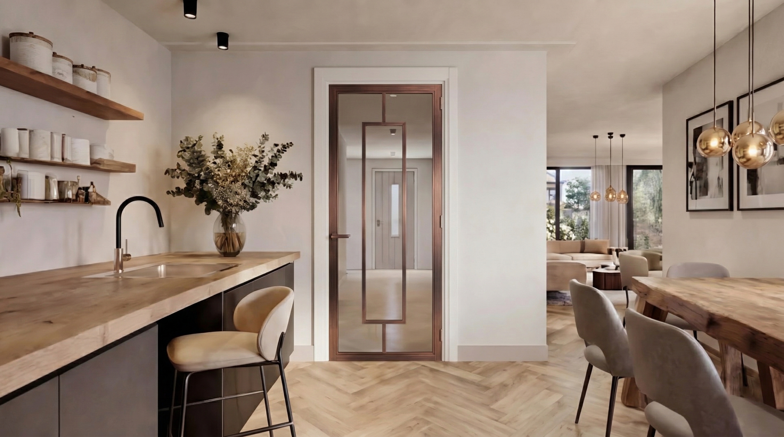 Luxury antique brass electroplated steel internal door frame in contemporary residential interior