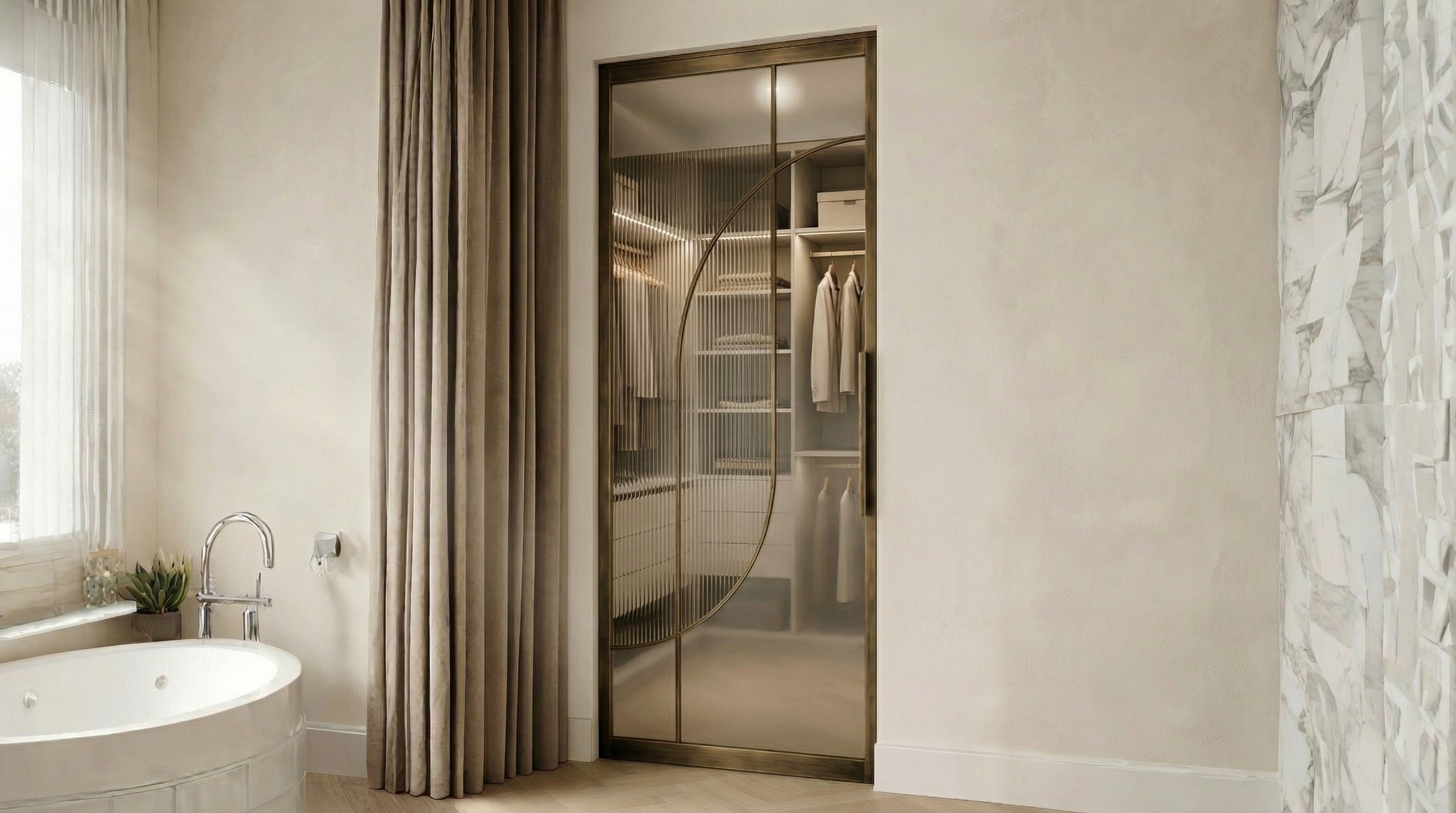 Bespoke steel and glass internal door with electroplated antique brass finish in luxury residential hallway