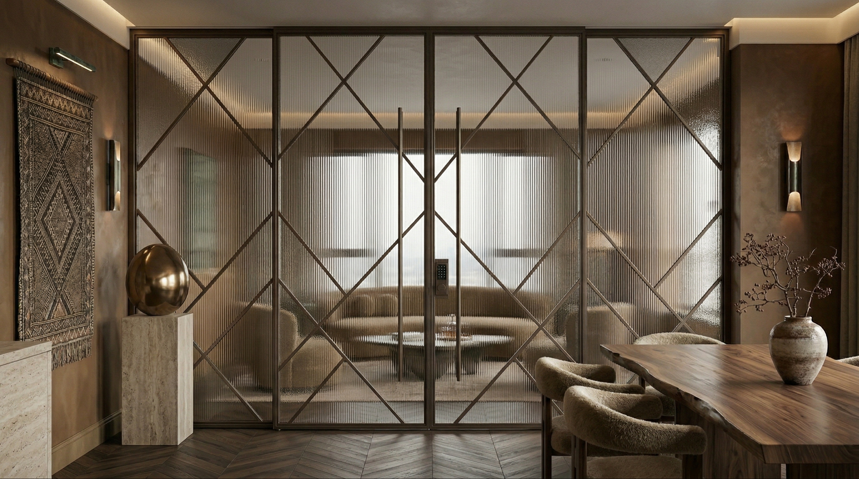 Bespoke steel and glass internal partition with electroplated antique brass finish in high-end residential interior