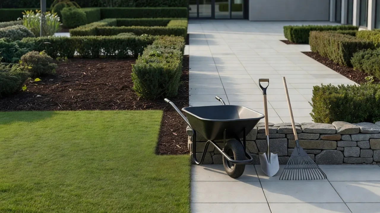 Neatly landscaped commercial courtyard with clipped hedges, planting beds and gardening tools beside a stone wall