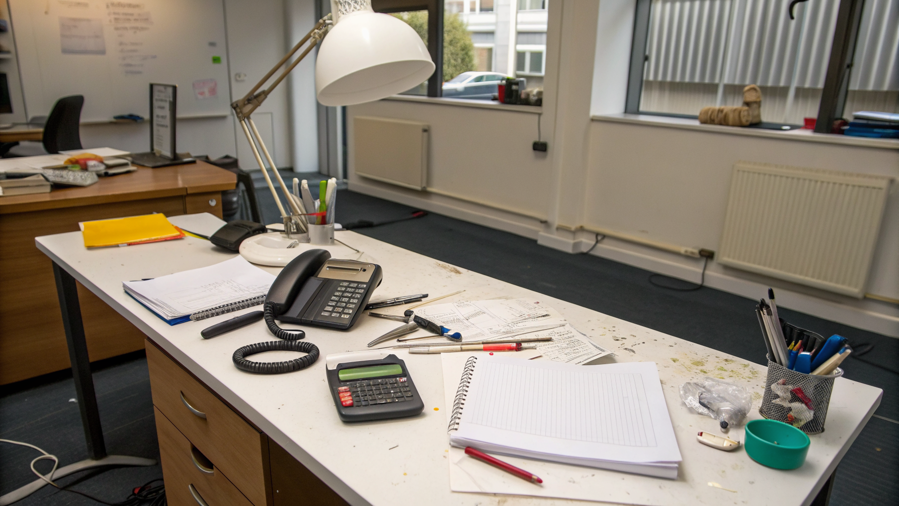 Landscaping team member taking a client enquiry call at a Birmingham site office desk.