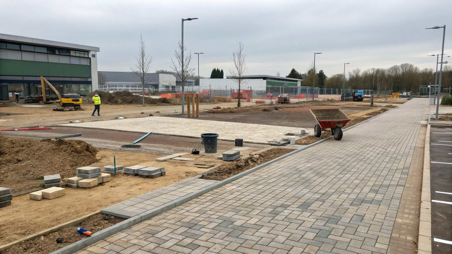 Landscaping team installing paving and hedging at a Birmingham business park