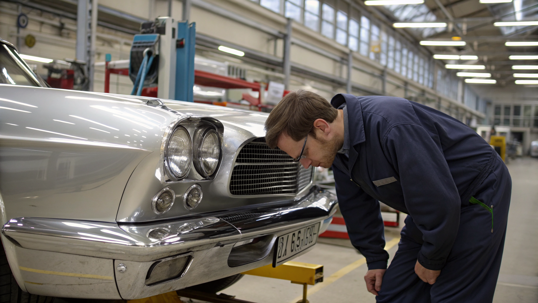 Technician inspecting a freshly chrome plated classic car bumper in a plating workshop