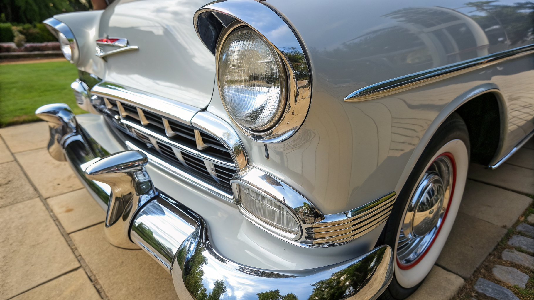 Freshly polished and re-chromed classic car bumper with a mirror finish after metal polishing
