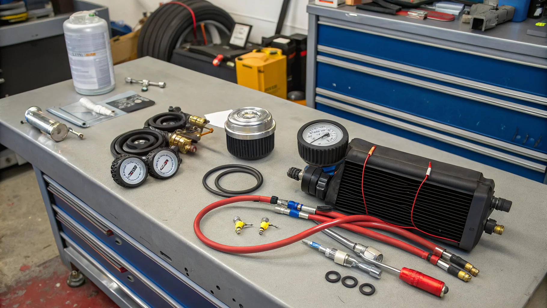 Vehicle air conditioning component parts and repair tools on workshop bench no humans appears in the image