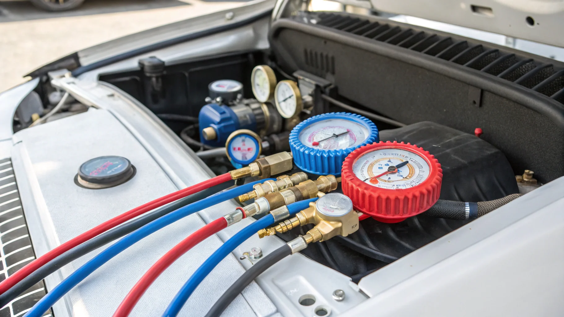 Vehicle air conditioning refrigerant recharge equipment with pressure gauges and cooling system components no humans appears in the image