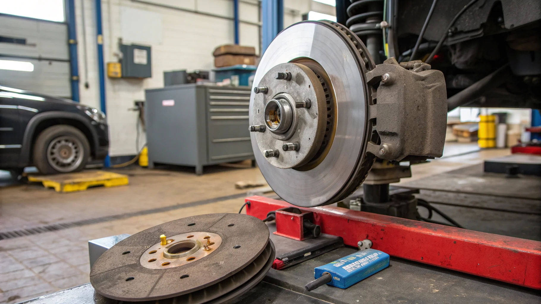 New brake disc and pad assembly fitted in Birmingham workshop, no humans appears in the image