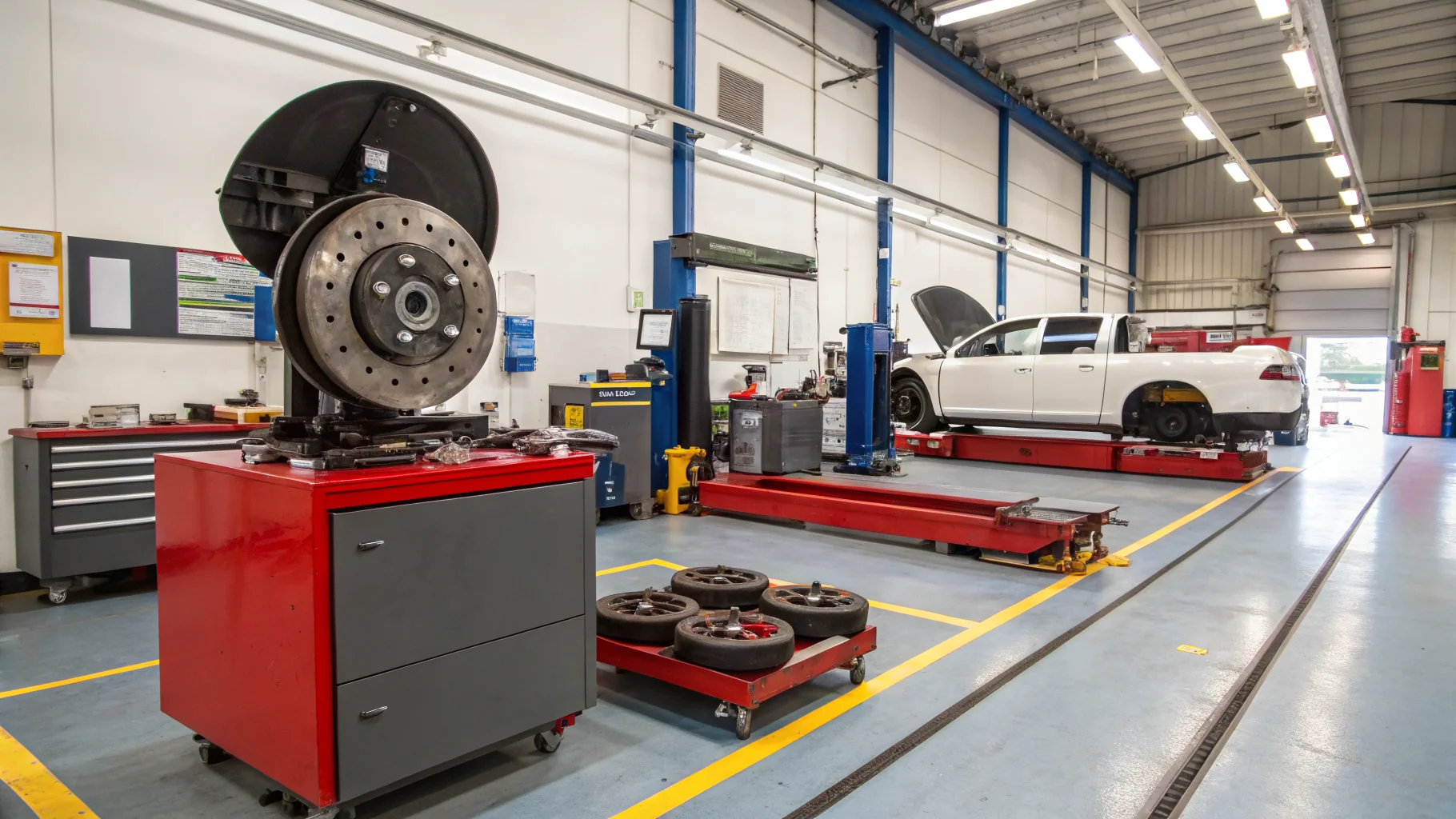Brake disc and hydraulic system diagnostic equipment in Birmingham workshop, no humans appears in the image