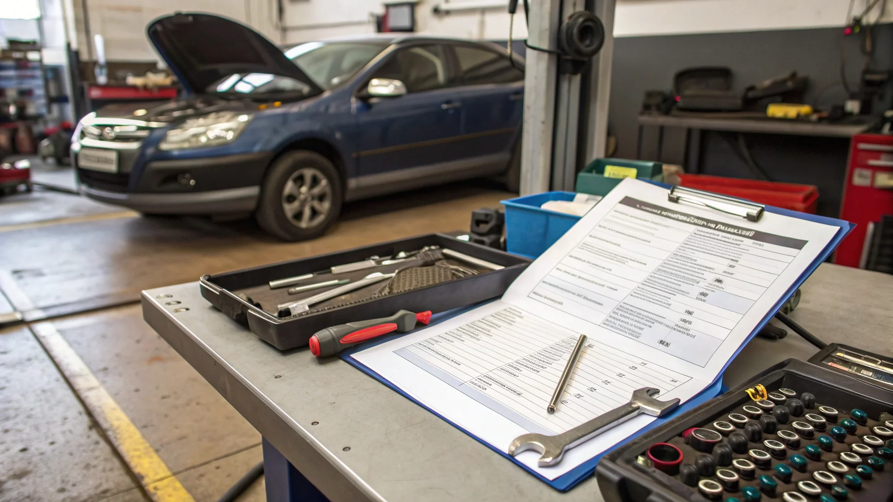 Comprehensive vehicle health inspection checklist with mechanical tools and diagnostic equipment in Birmingham garage, no humans appears in the image