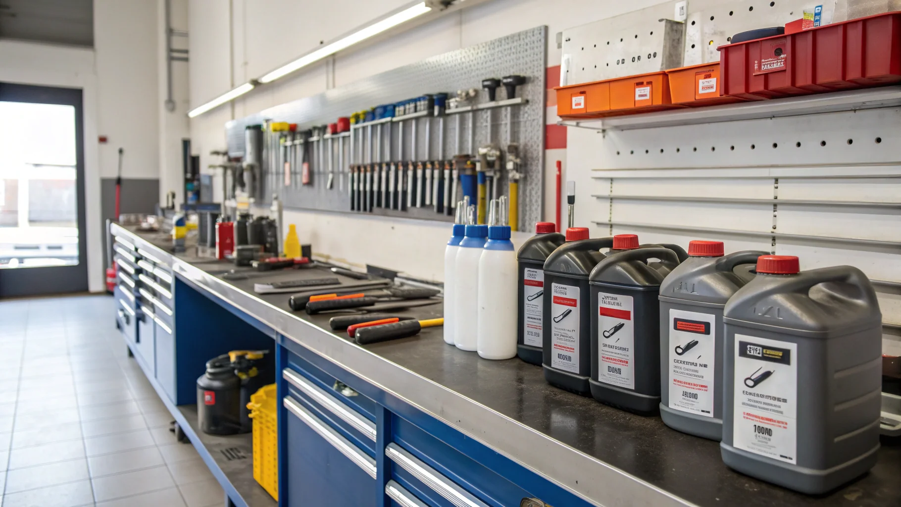 Automotive fluid containers and dipstick tools in professional workshop bay, no humans appears in the image