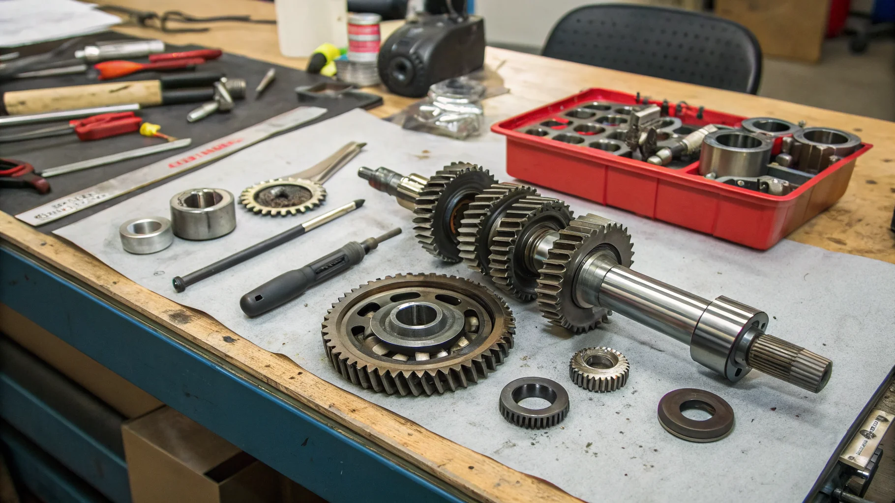Disassembled gearbox components with precision tools on workshop bench in Birmingham, no humans appears in the image