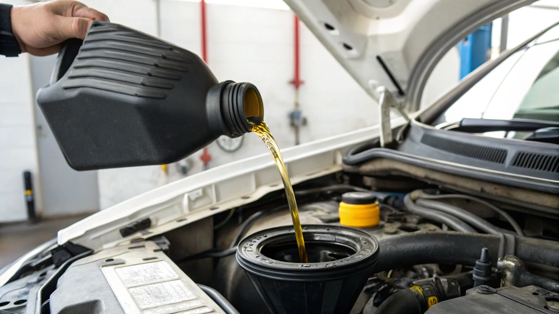 Engine oil being poured into vehicle during lubrication service with filter replacement equipment, no humans appears in the image