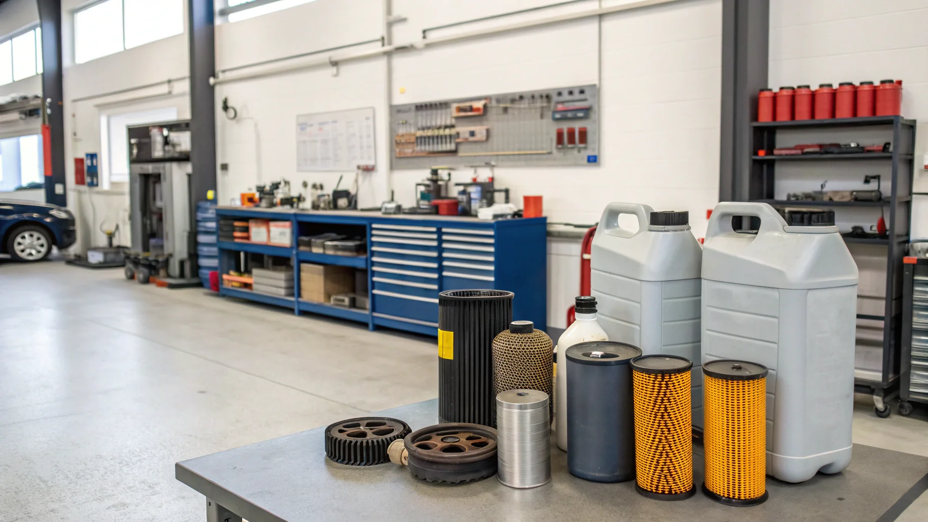 Clean automotive workshop with oil containers and filter equipment, no humans appears in the image