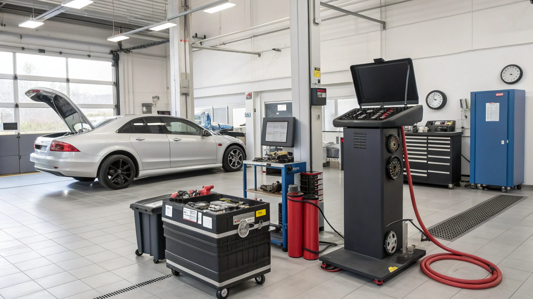 Professional automotive diagnostic equipment and inspection tools in modern garage facility, no humans appears in the image