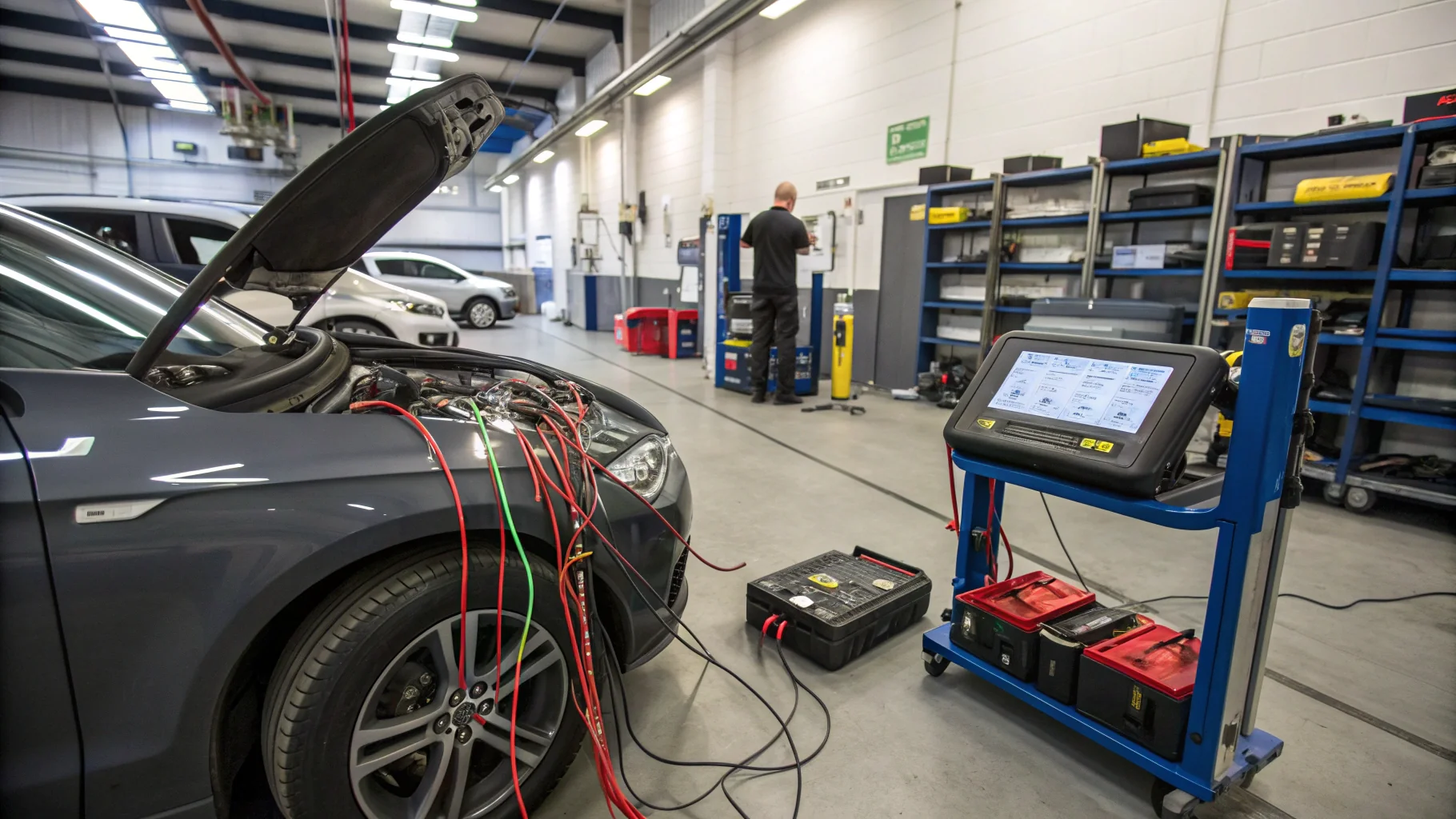 Advanced electrical diagnostic equipment testing vehicle lighting circuits and wiring systems in Birmingham, no humans appears in the image