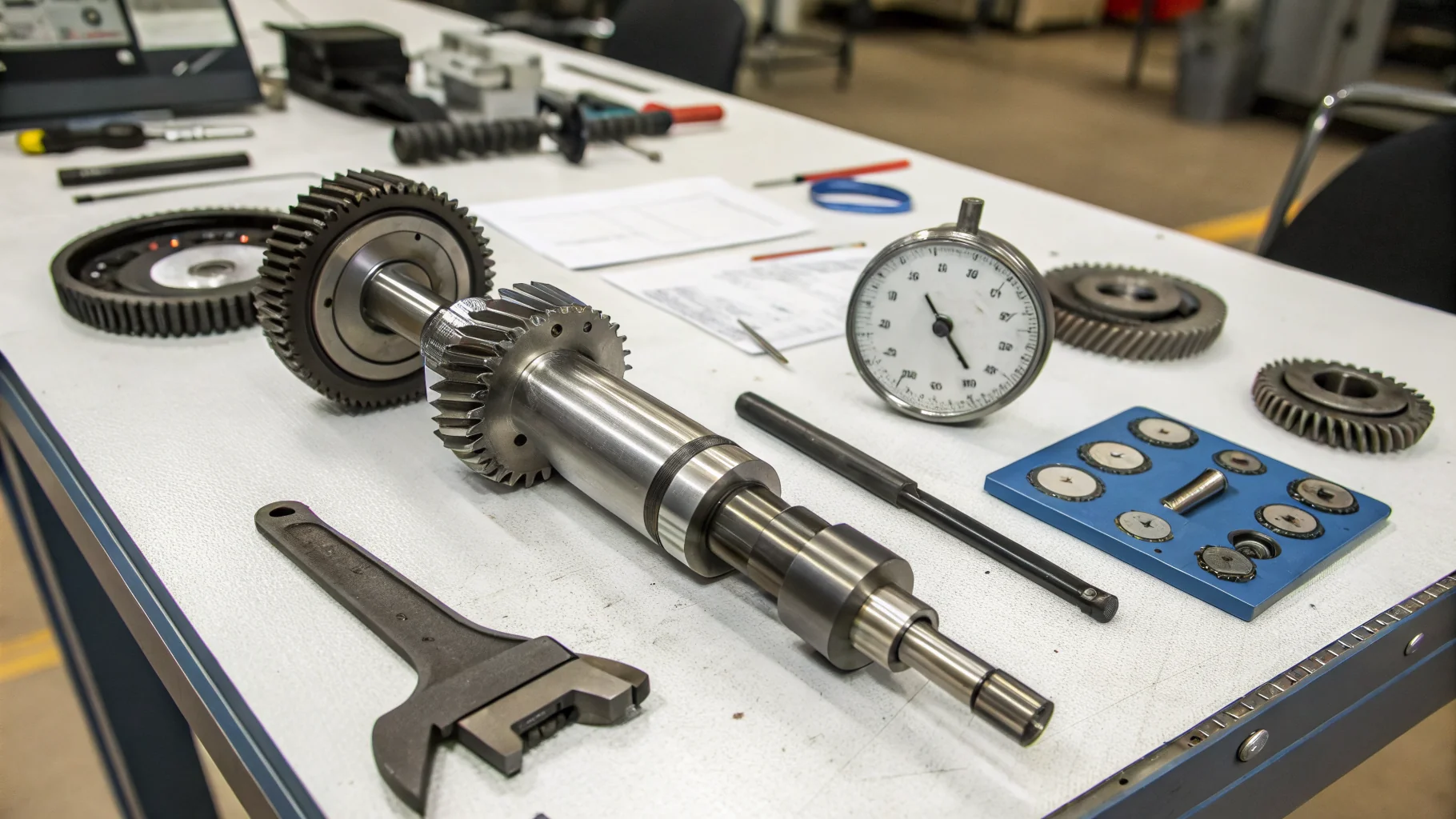 Worm drive gearbox components with precision measurement tools on Birmingham workshop surface, no humans appears in the image