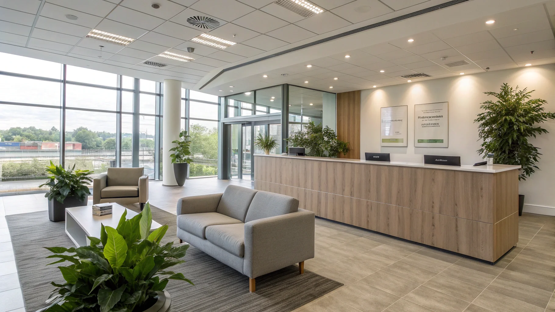 Modern office reception desk with comfortable seating area and natural lighting at Birmingham landscaping company headquarters