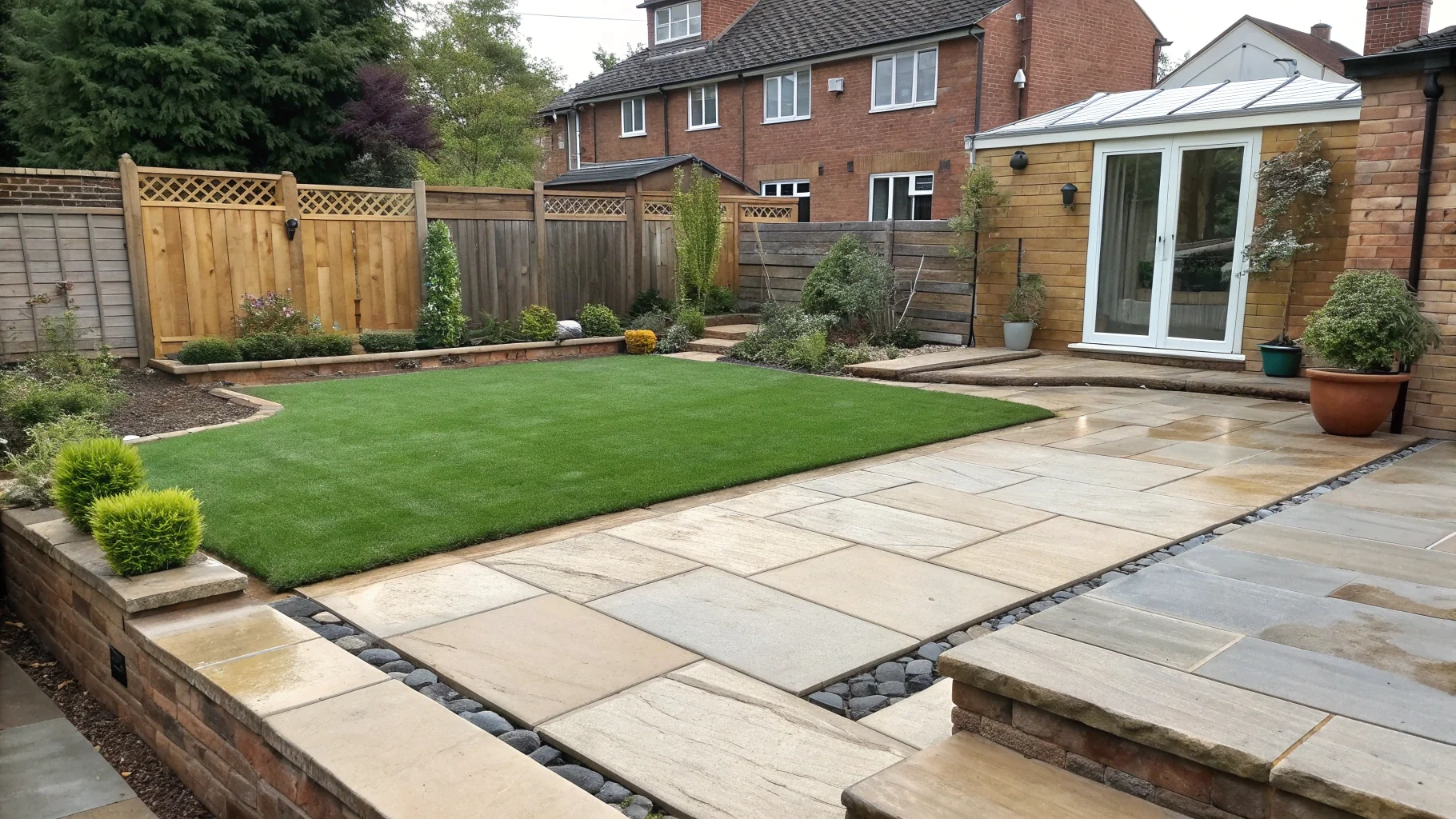 Professional artificial grass installation with natural stone paving and composite decking in Birmingham garden
