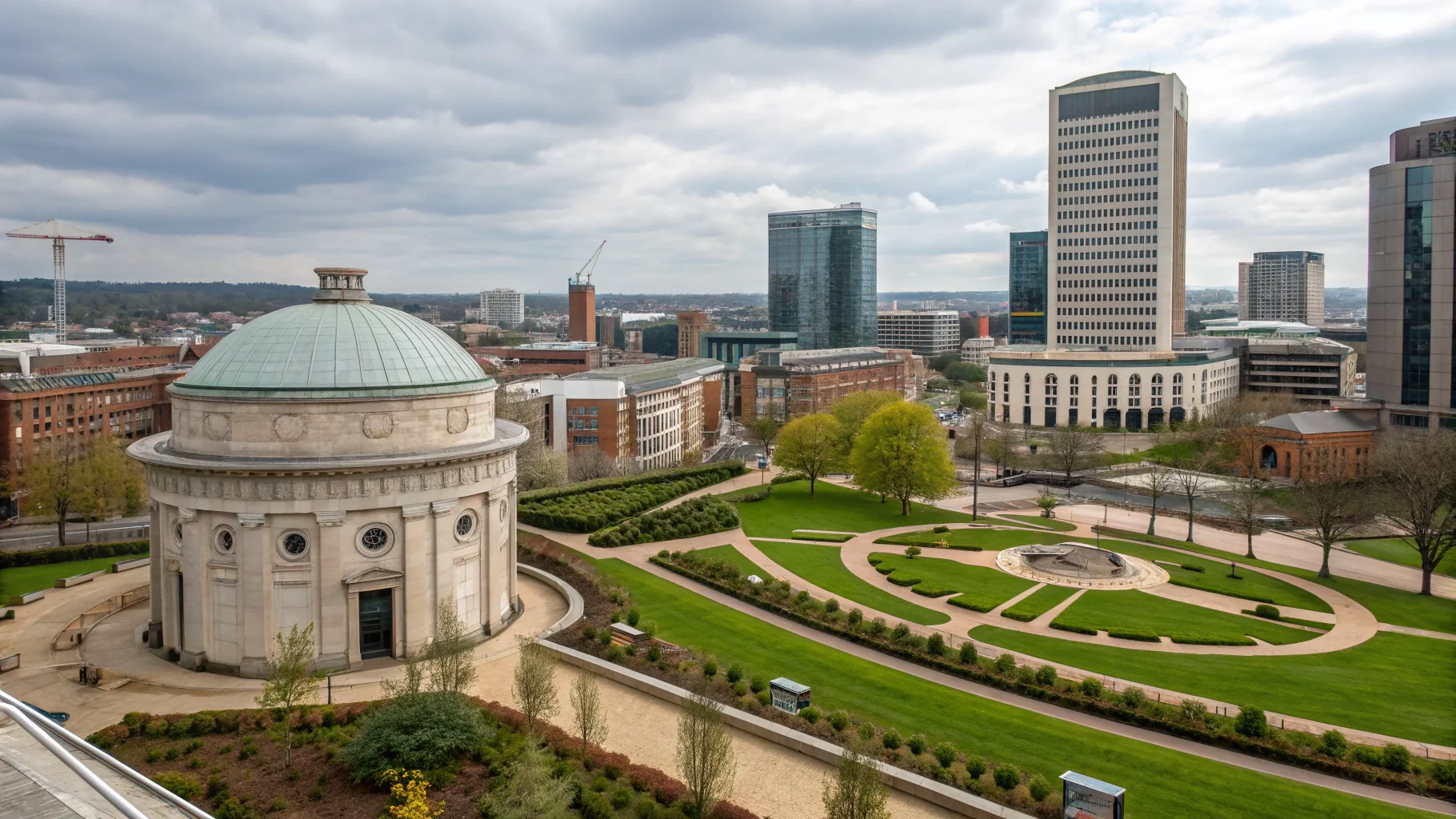 Landscaper near you Birmingham city centre skyline with Rotunda building and landscaped green spaces across West Midlands coverage area