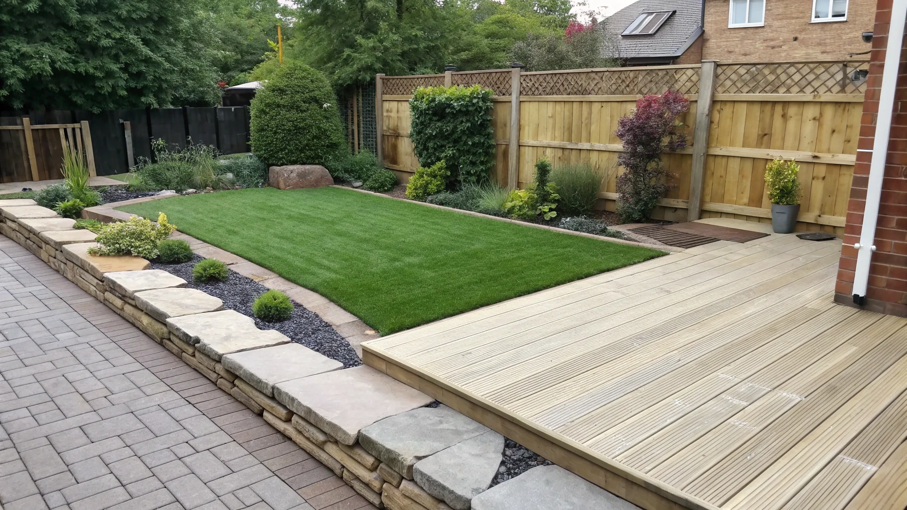Professional artificial grass installation in Birmingham garden with composite decking and stone edging