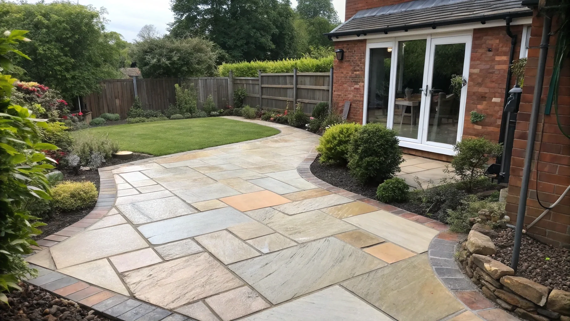 Professional patio installation with natural stone paving in Birmingham garden space