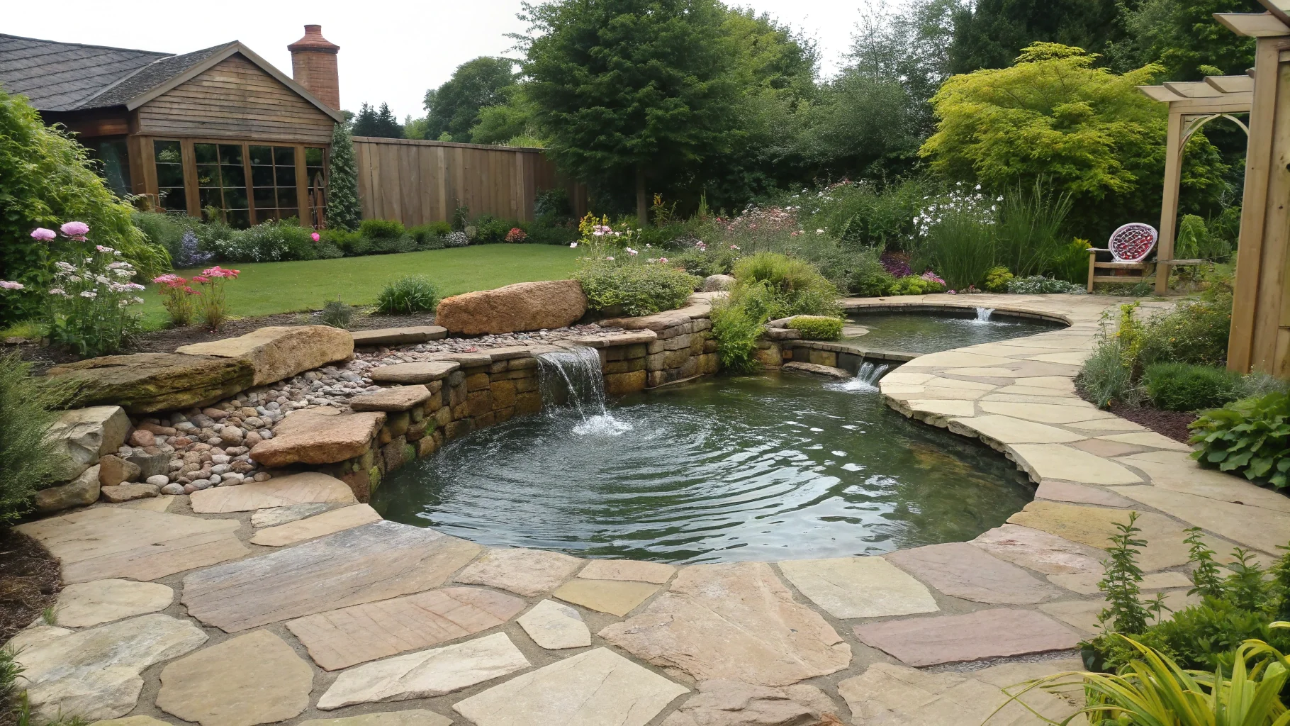 Professional water feature installation with natural stone and pond in Birmingham garden
