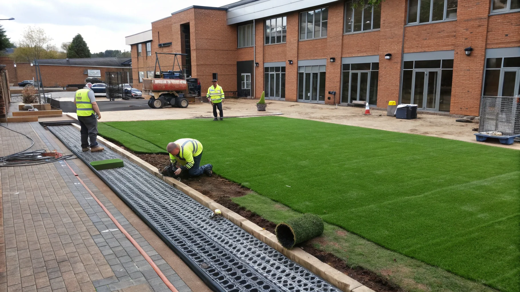 Heavy-duty commercial synthetic turf installation with drainage system in Birmingham business courtyard, no humans appear in the image