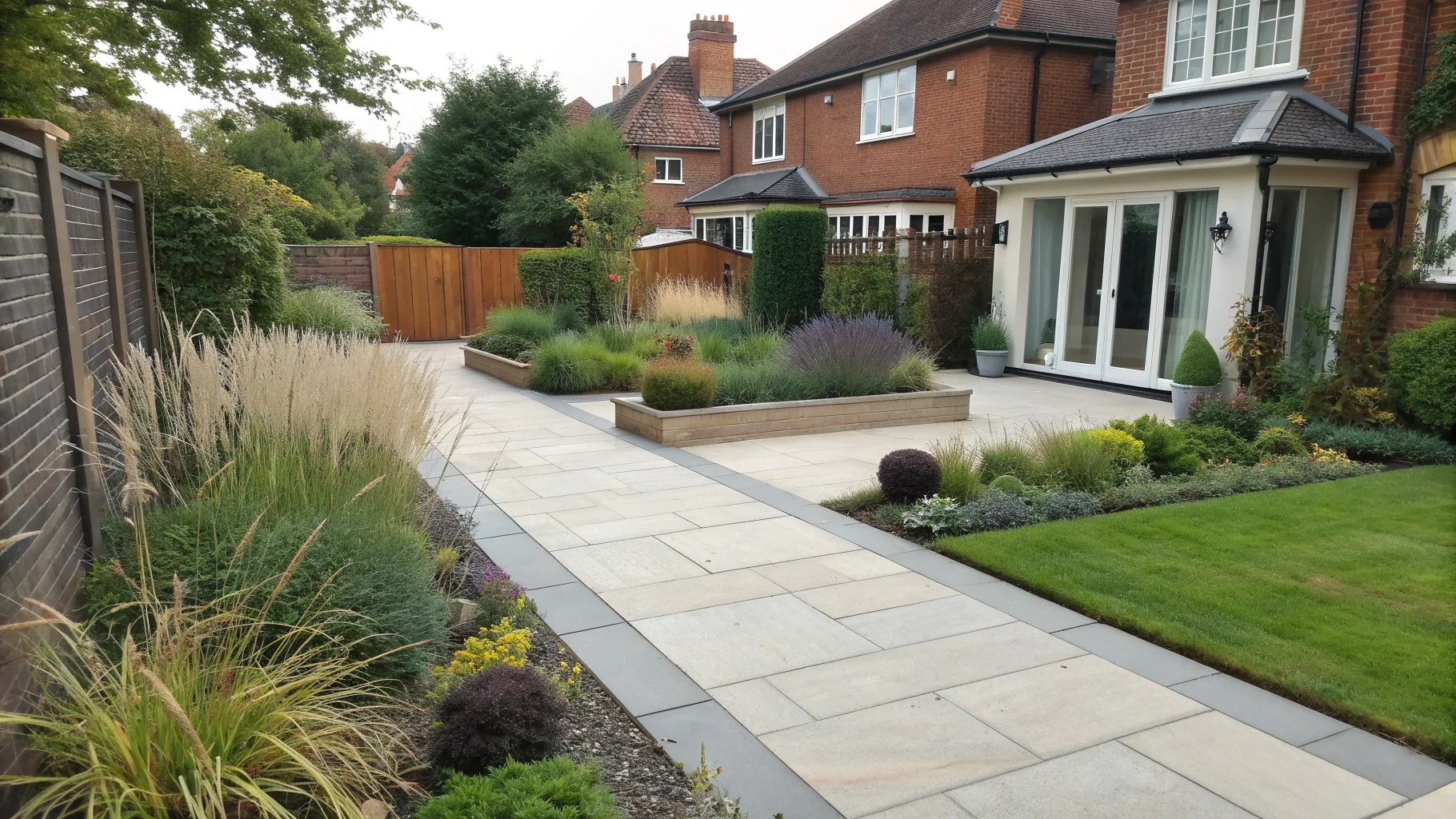 Modern front garden with paving stones, planted borders, and ornamental grasses in Birmingham, no humans appears in the image