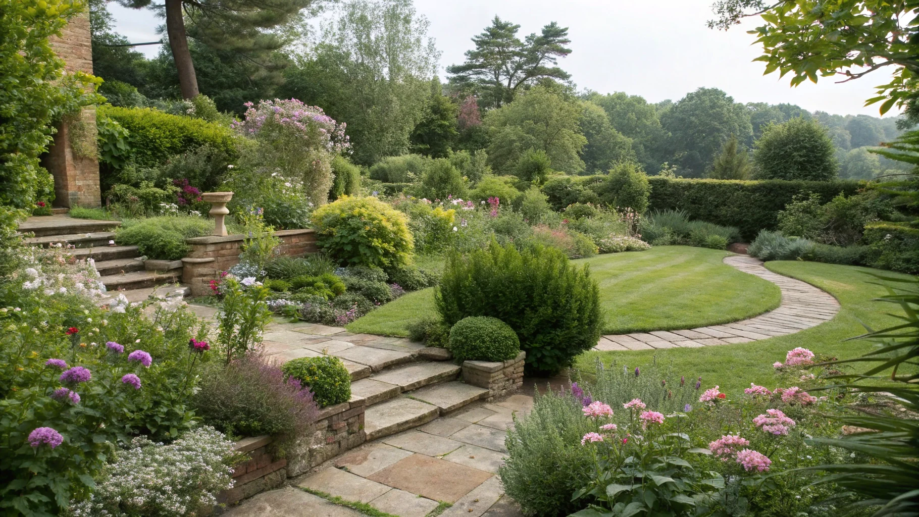 Lush garden landscaping with layered perennial borders and decorative stone pathways in Birmingham no humans appears in the image