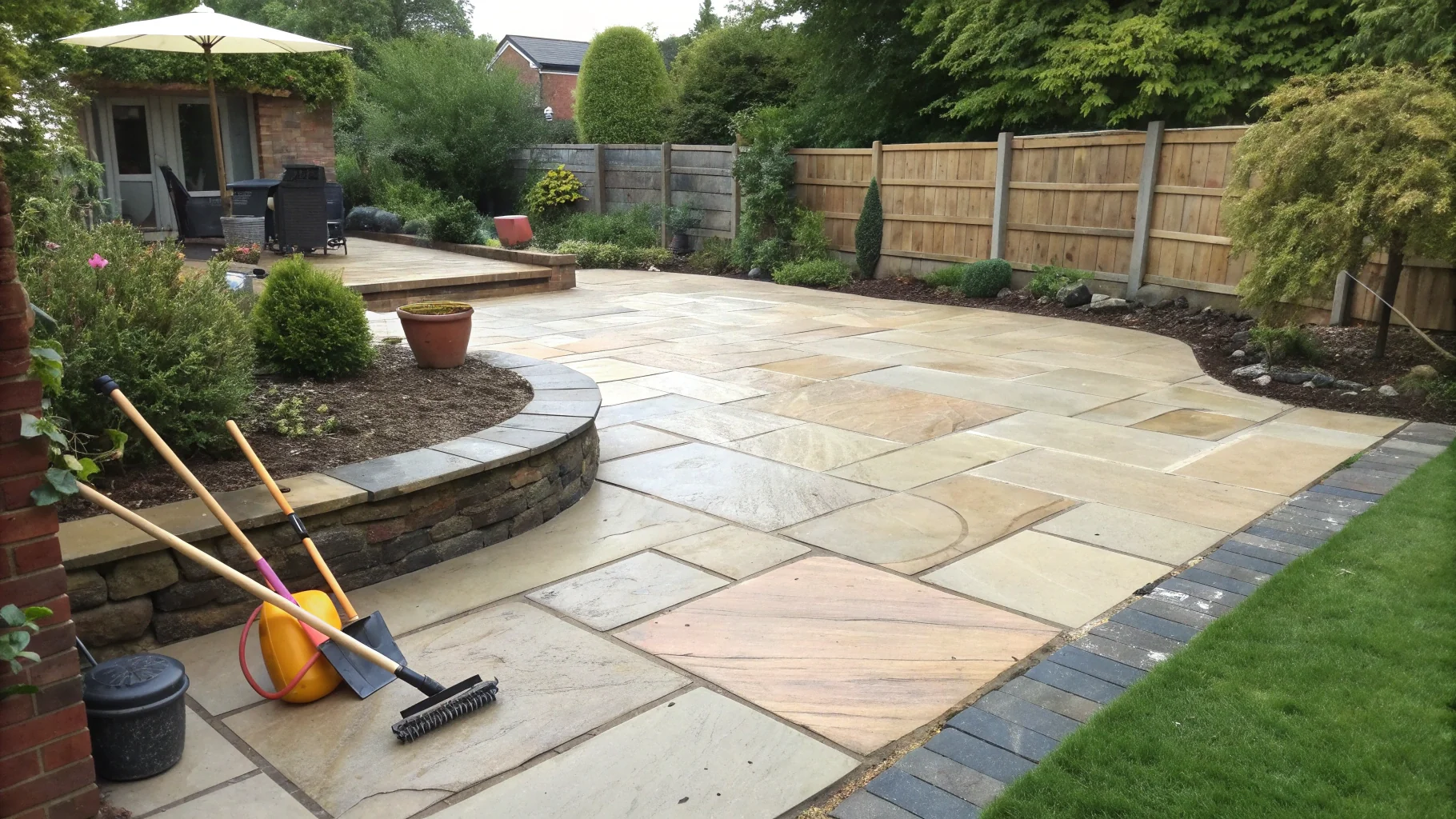 Complete patio installation with premium stone materials and professional equipment in Birmingham garden no humans appears in the image
