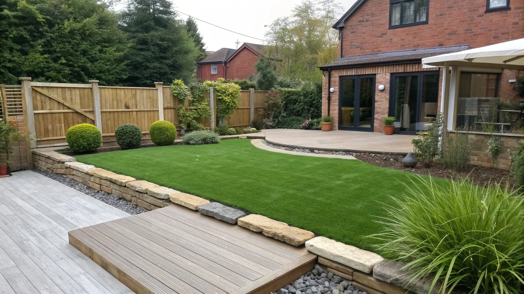 Premium artificial grass installation in residential Birmingham garden with composite decking and natural stone borders no humans appears in the image