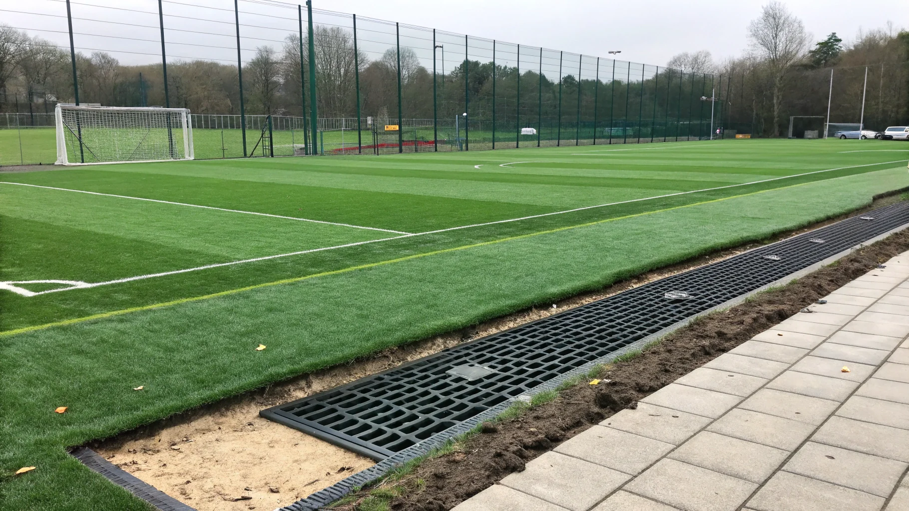 Professional sports pitch artificial grass installation with drainage system and shock pad layers in Birmingham, no humans appears in the image