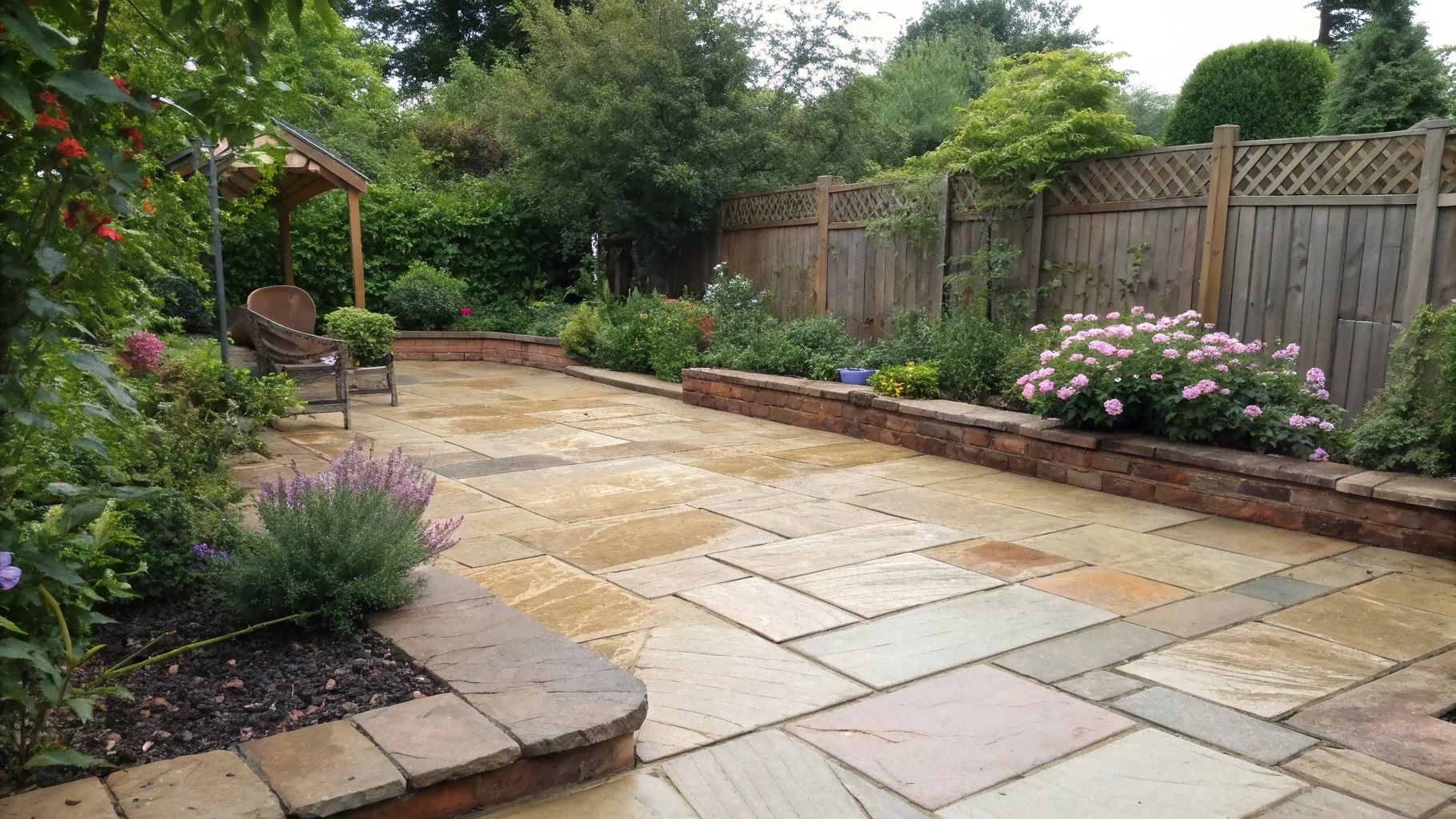Indian sandstone patio installation with natural stone texture in Birmingham garden no humans appears in the image