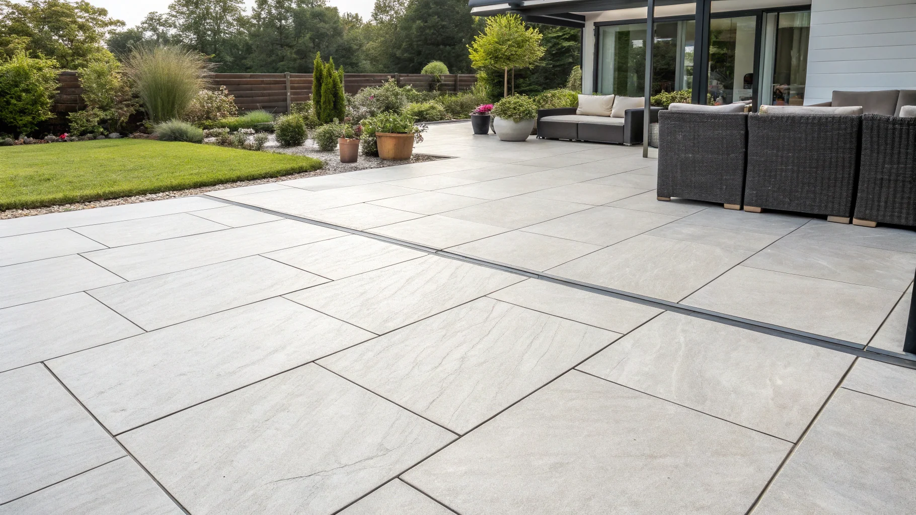Premium porcelain tiles installed on Birmingham outdoor patio surface with precision jointing no humans appears in the image