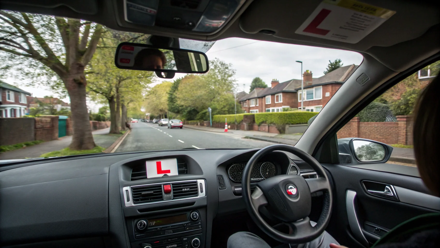 Professional driving school instructor teaching learner driver in Birmingham dual-control car