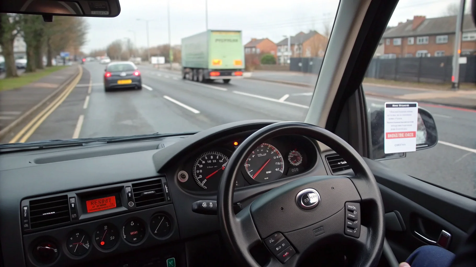 Professional driving instructor teaching learner on Birmingham test route with dual controls