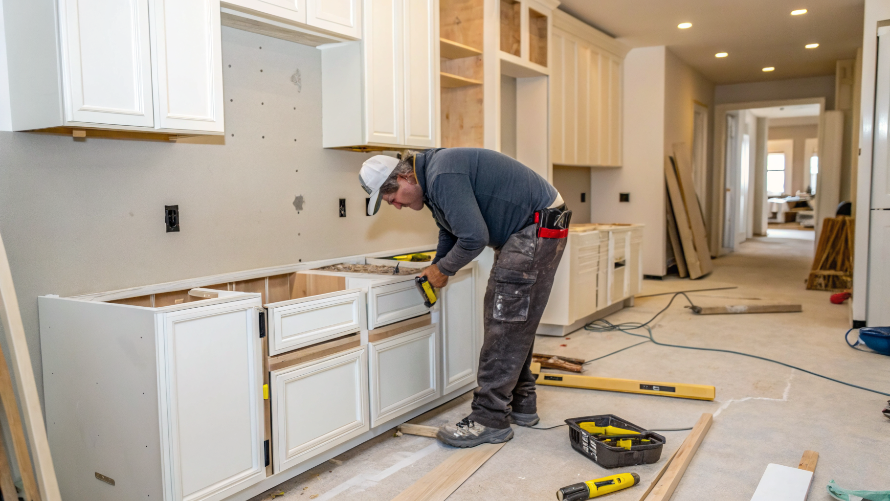 Contractor installing cabinetry during a Birmingham home renovation project