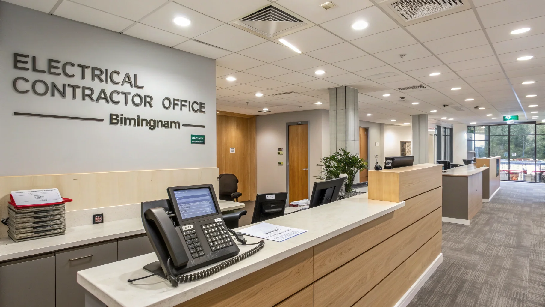 Modern electrical contractor office reception desk with telephone system, computer workstation, and professional lighting in Birmingham workspace, no humans appears in the image