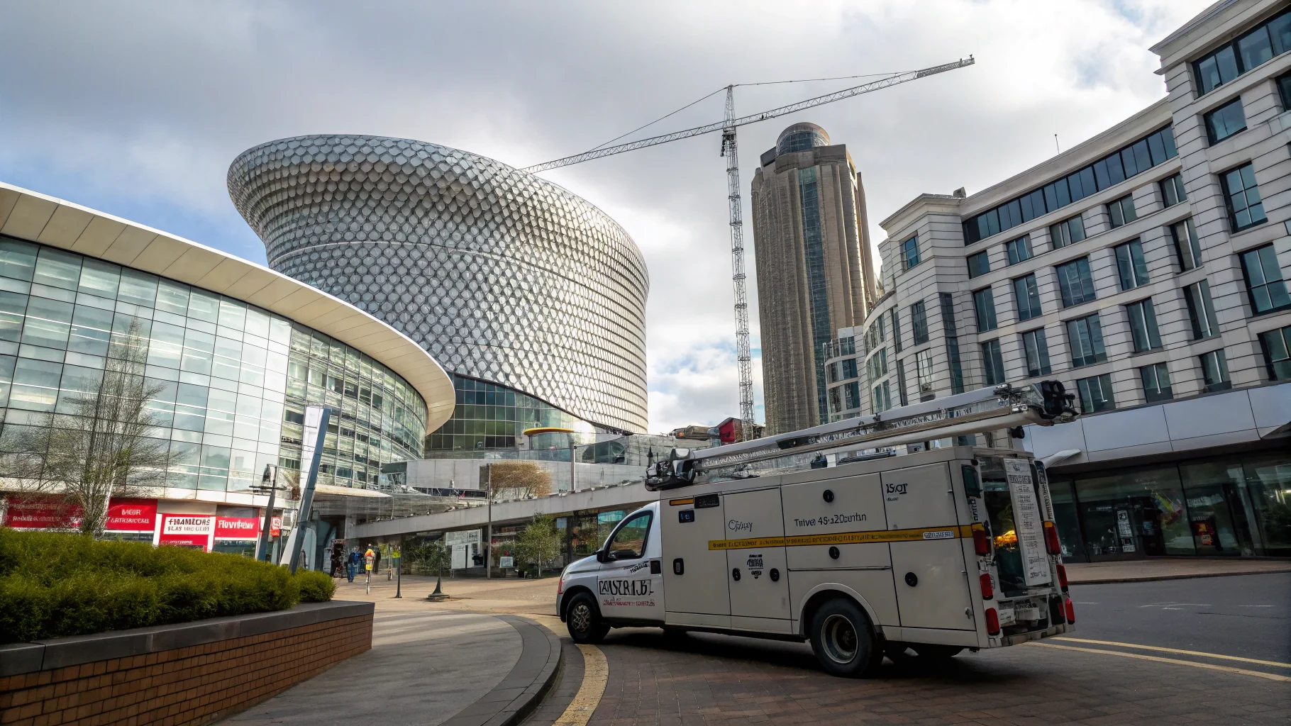 Electrician near you service vehicle positioned in Birmingham city centre near recognisable modern architecture with metallic circular facade covering West Midlands area