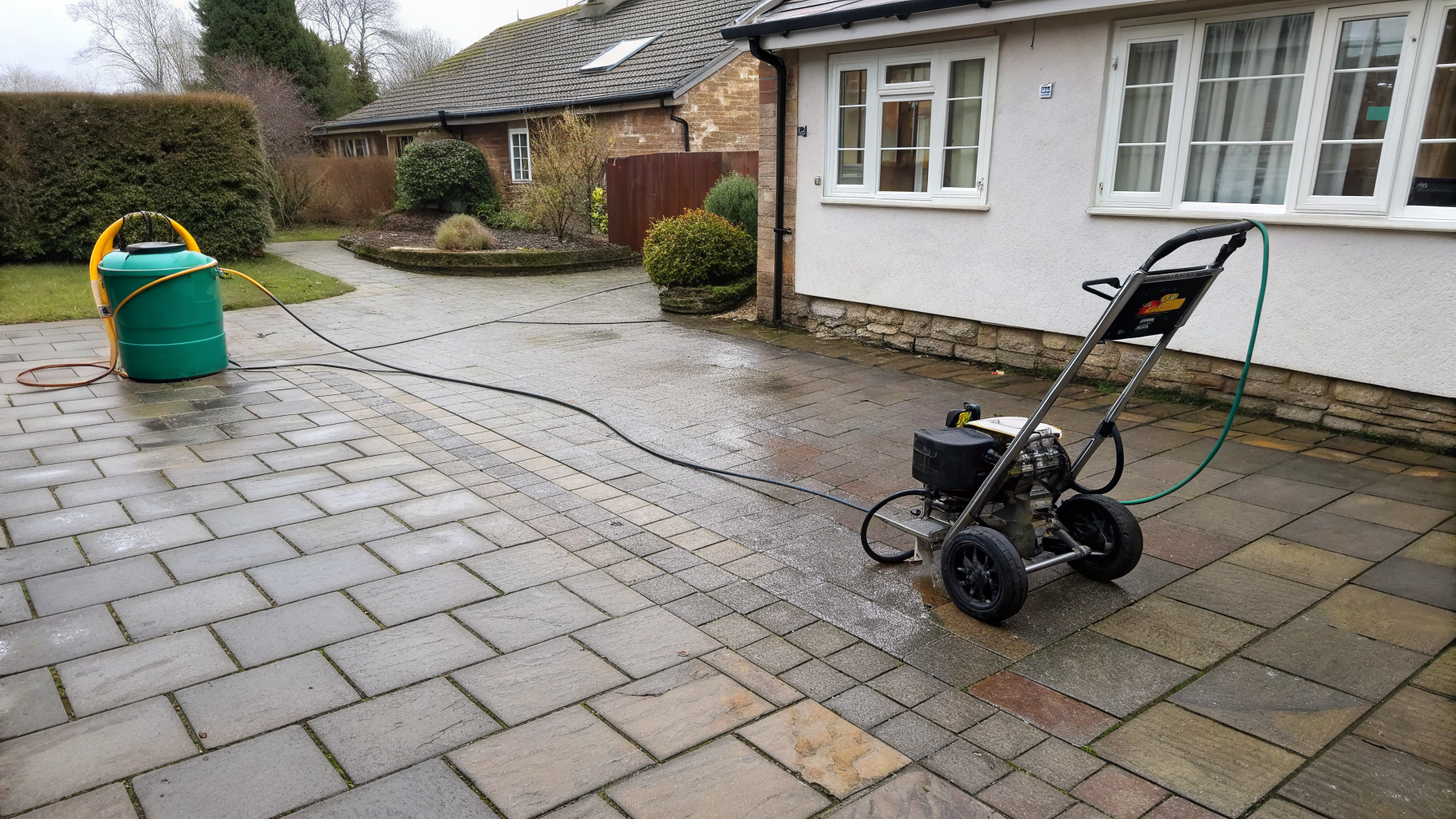 Petrol pressure washer and surface cleaner on a half-cleaned block-paved driveway