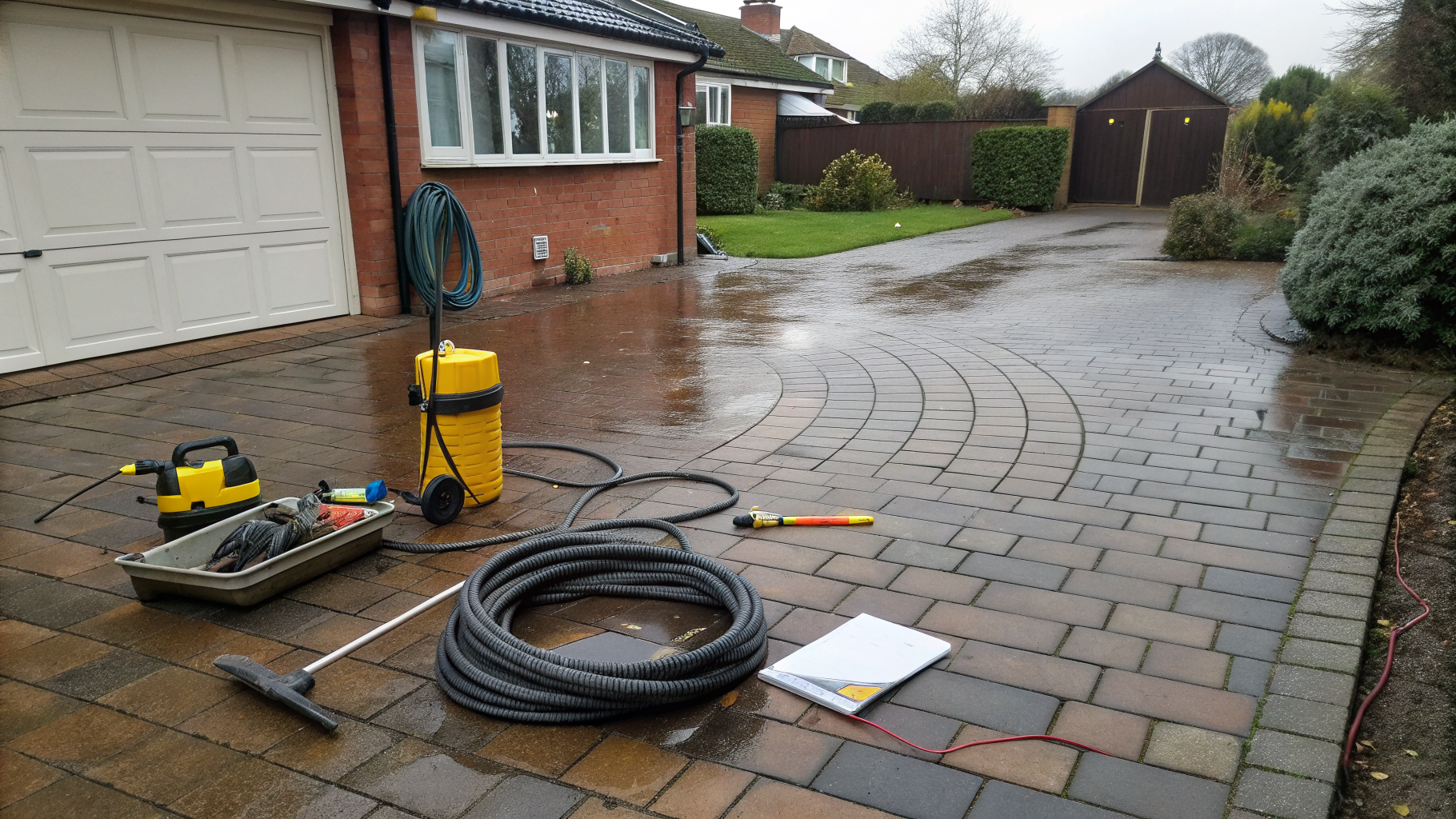 Pressure washing hose, surface cleaner and tape measure resting on a clean block-paved driveway