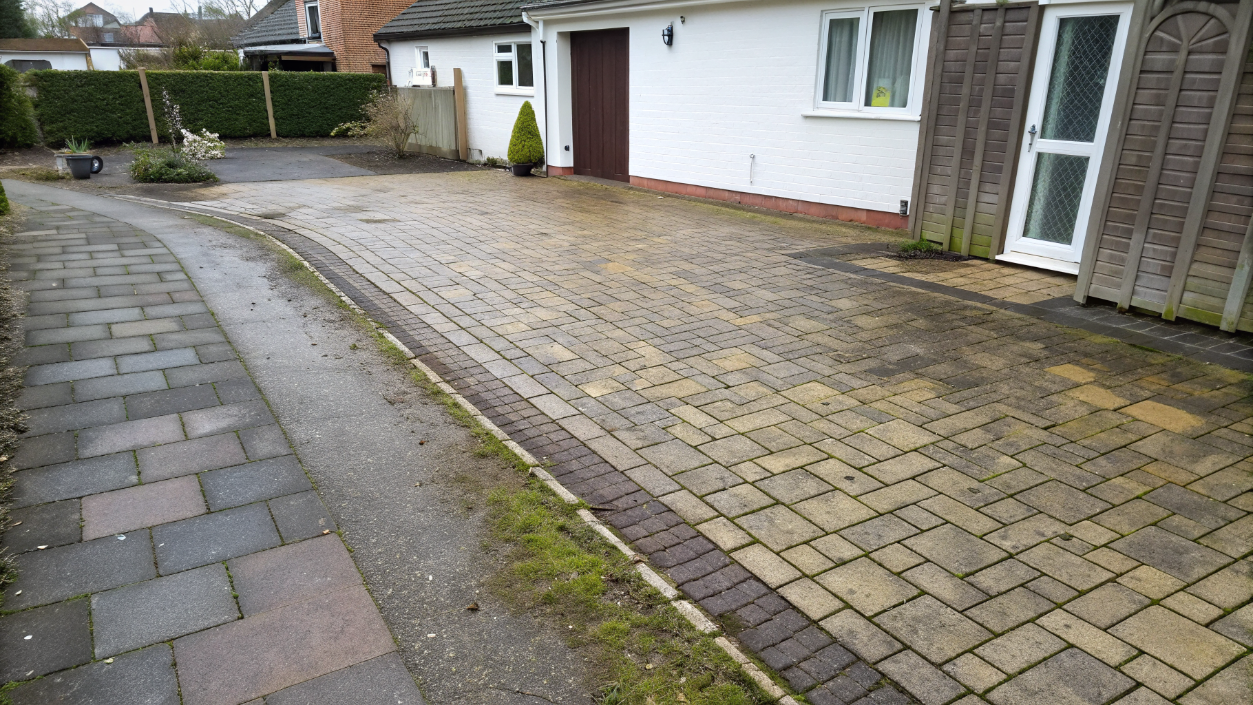 Block-paved driveway half pressure washed, showing clean paving beside dirty moss-stained paving