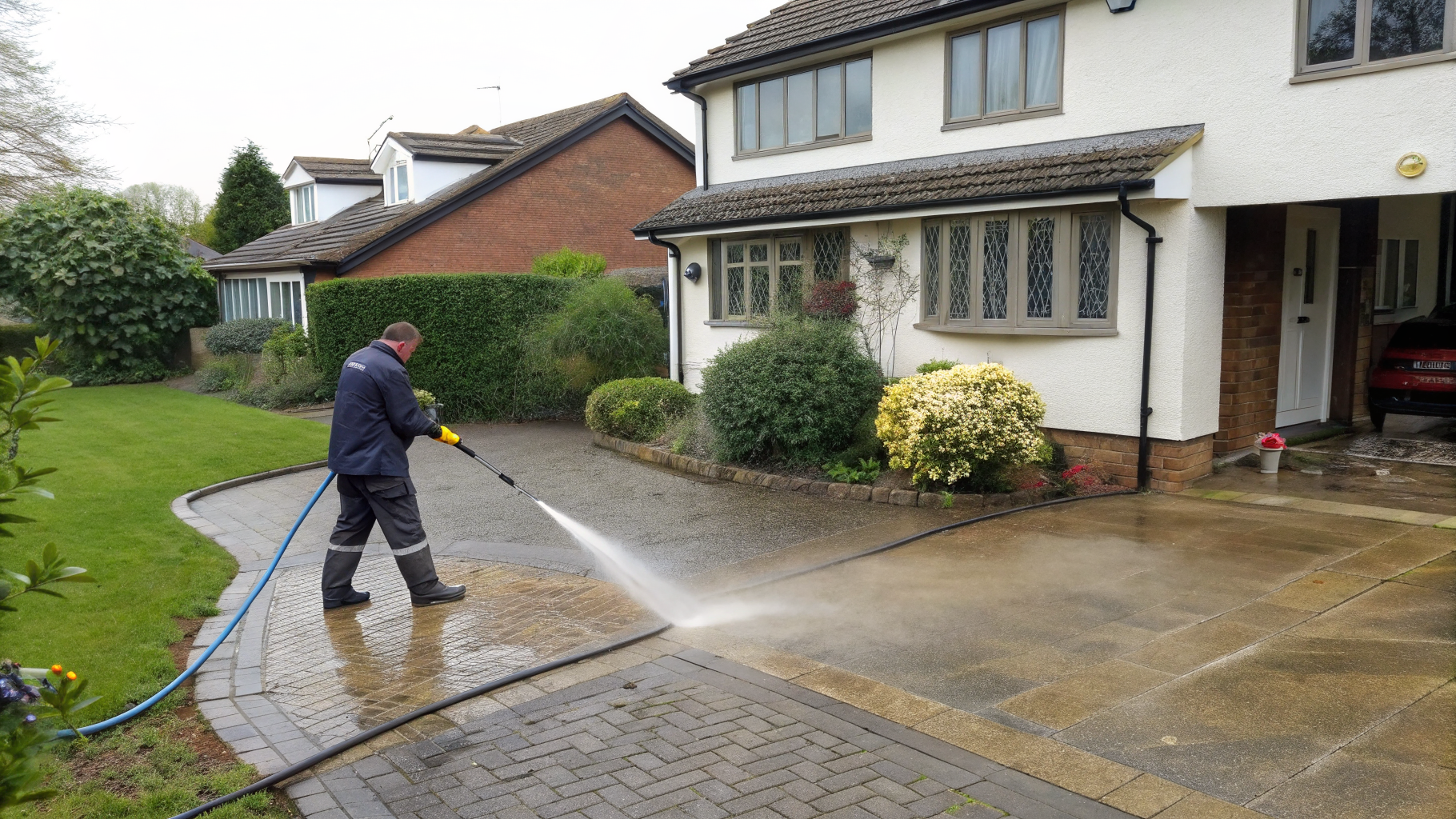 Professional pressure washing service cleaning driveway at Birmingham residential property
