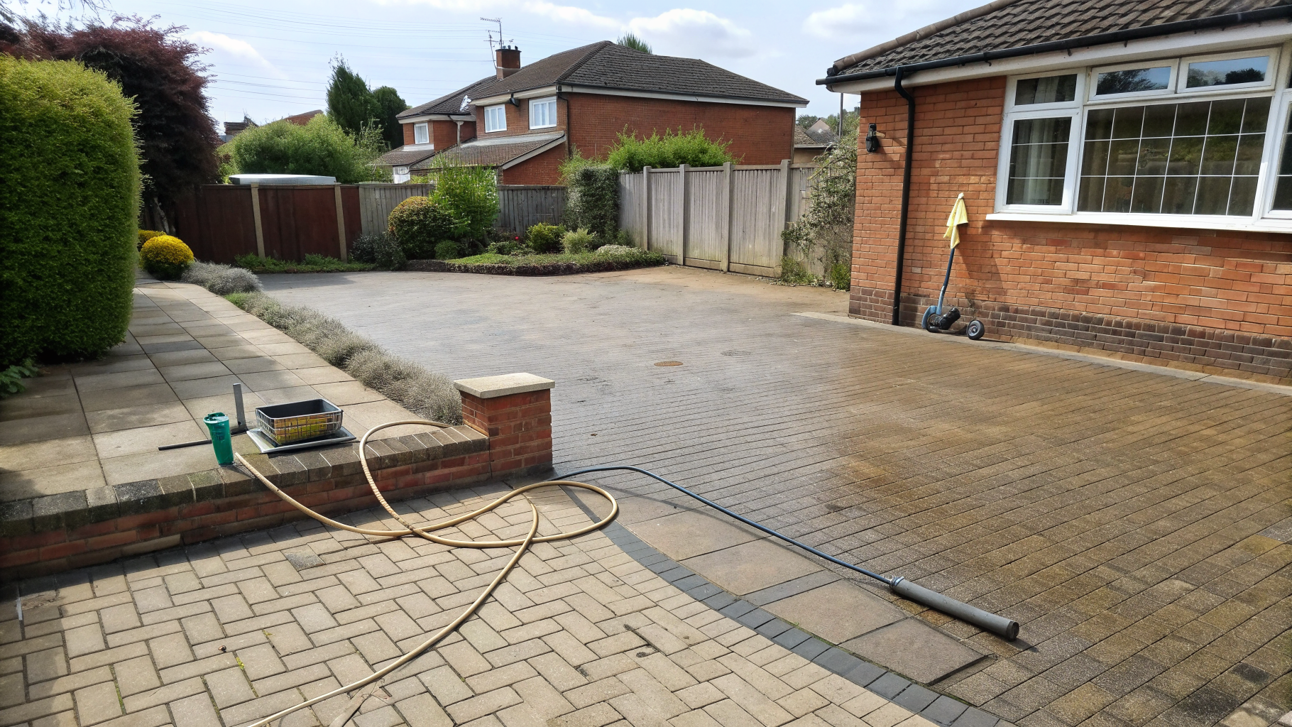 Block-paved driveway partly cleaned, with pressure washer hose and brush resting on wet paving