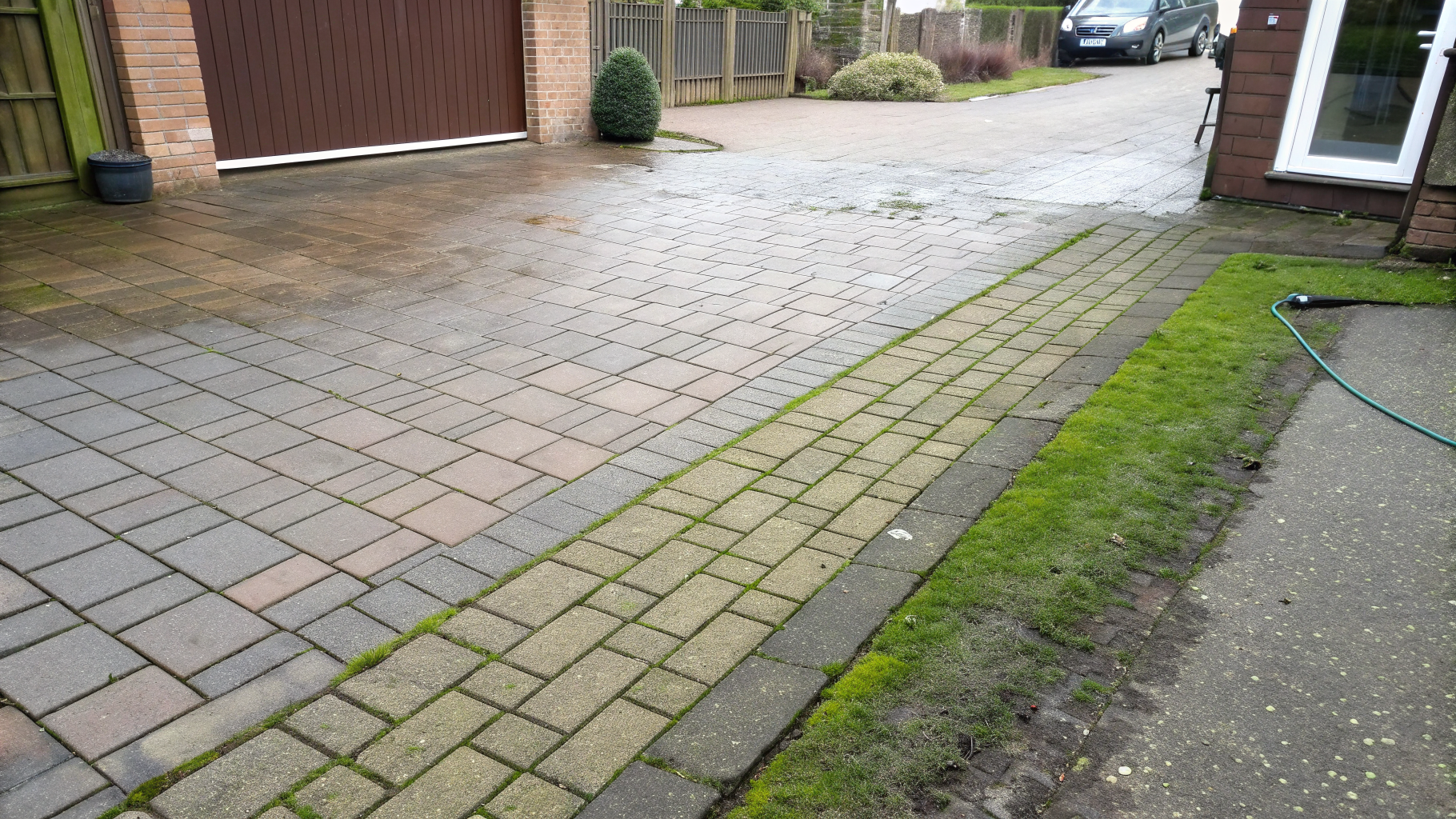 Block-paved driveway being pressure washed, cleaned section beside moss-stained paving under soft daylight