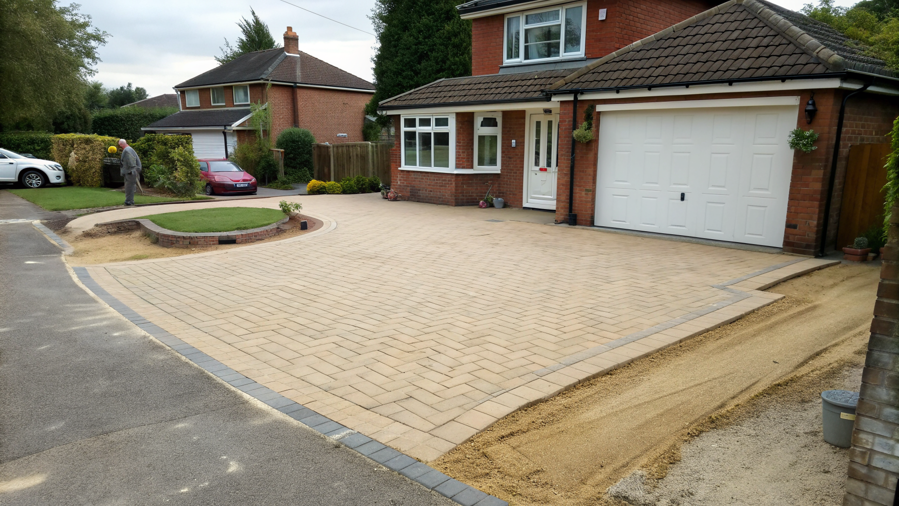 Kiln-dried sand and stiff broom on freshly washed herringbone block paving driveway