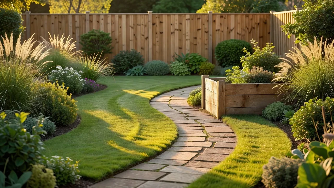 Freshly landscaped garden with a curved stone path, neat lawn and planted borders in morning light