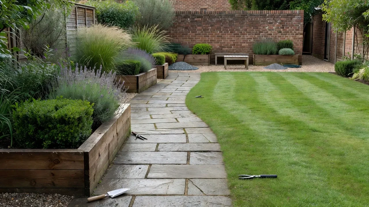 Landscaped back garden with curved stone path, raised planters, lawn and seating area in soft daylight