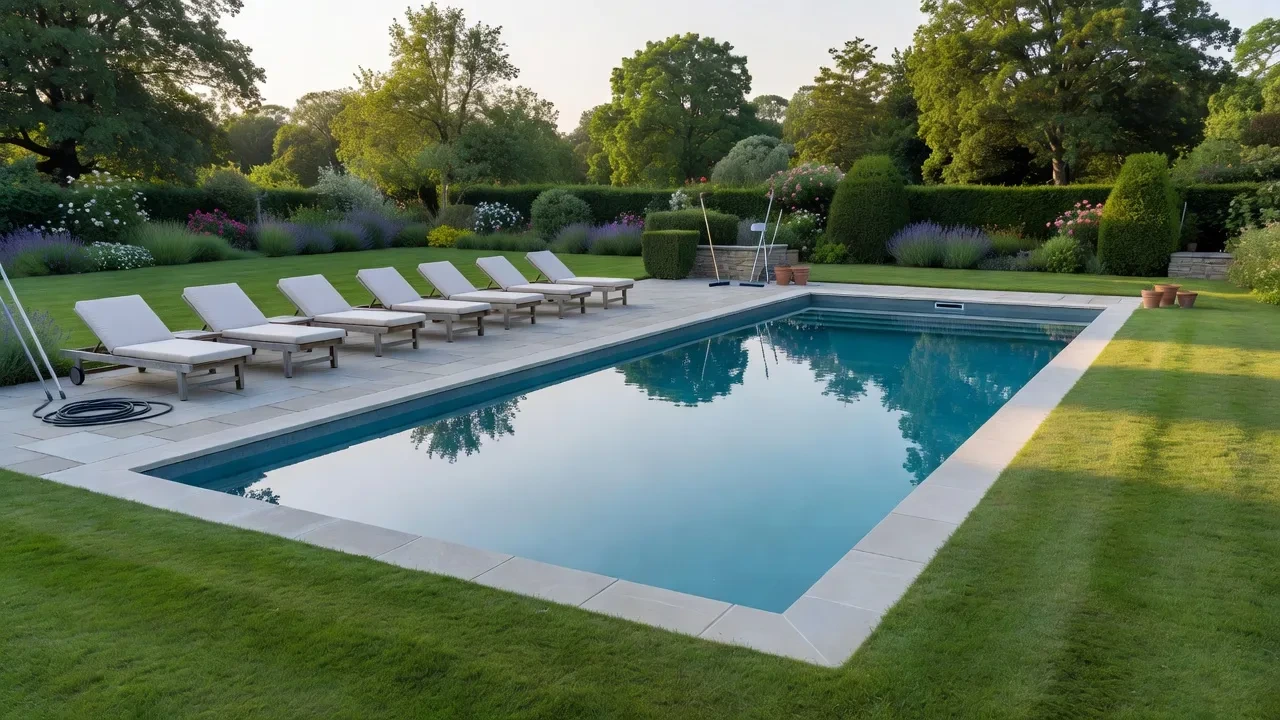Newly built outdoor swimming pool with stone coping, paving and lawn in a landscaped garden